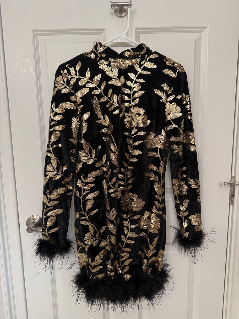 Black & Gold Sequin Velvet Dress with Feather Trim